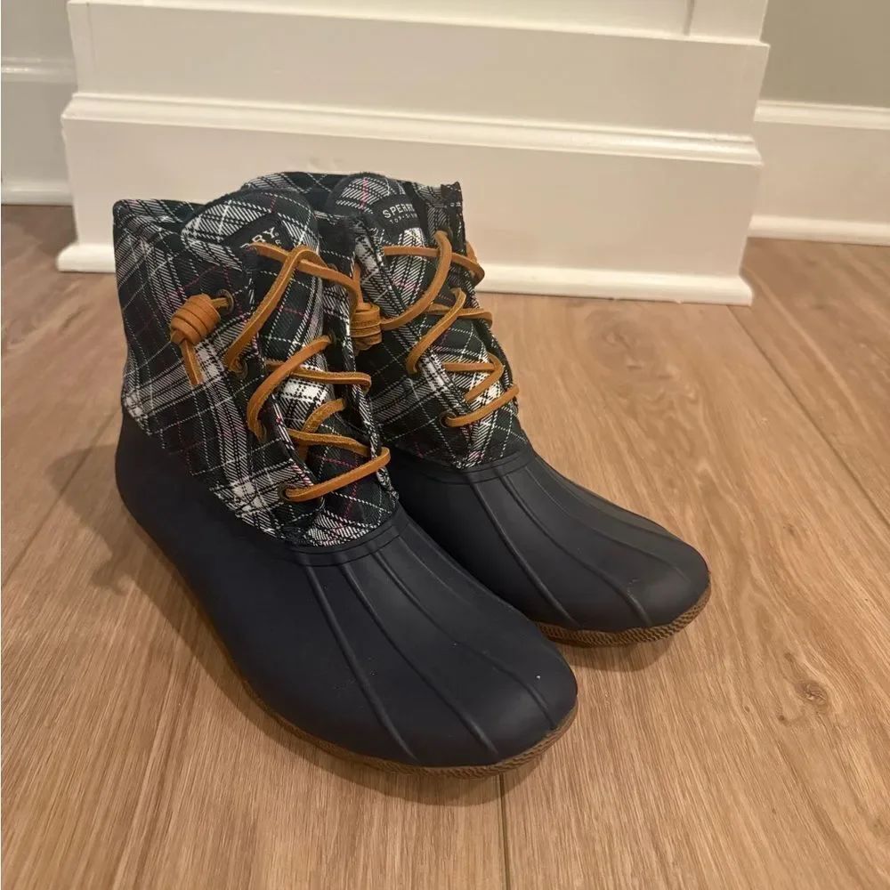 Sperry Navy Plaid Winter Duck Boots with Rubber Sole